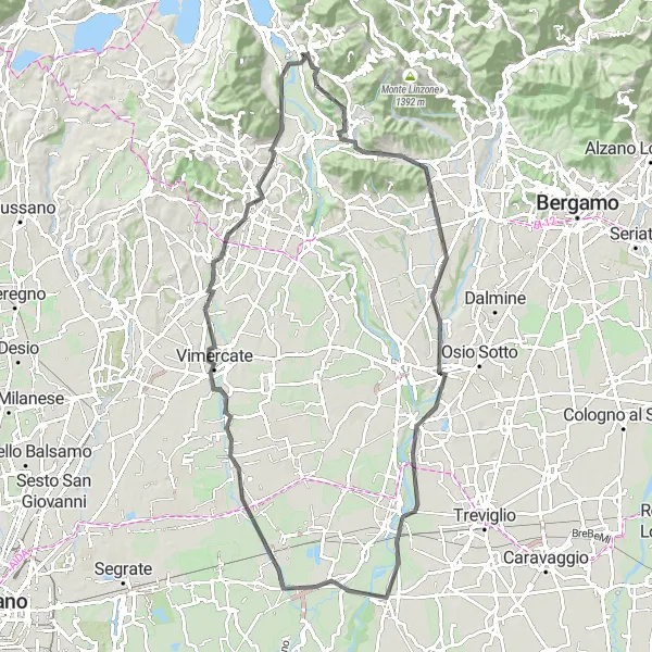 Zemljevid v pomanjšavi "Monte Santa Margherita to Monte Marenzo Loop" kolesarske inspiracije v Lombardia, Italy. Generirano z načrtovalcem kolesarskih poti Tarmacs.app