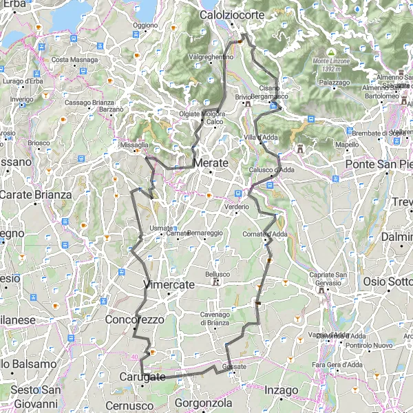 Zemljevid v pomanjšavi "Monte Santa Margherita to Monte Marenzo Scenic Ride" kolesarske inspiracije v Lombardia, Italy. Generirano z načrtovalcem kolesarskih poti Tarmacs.app