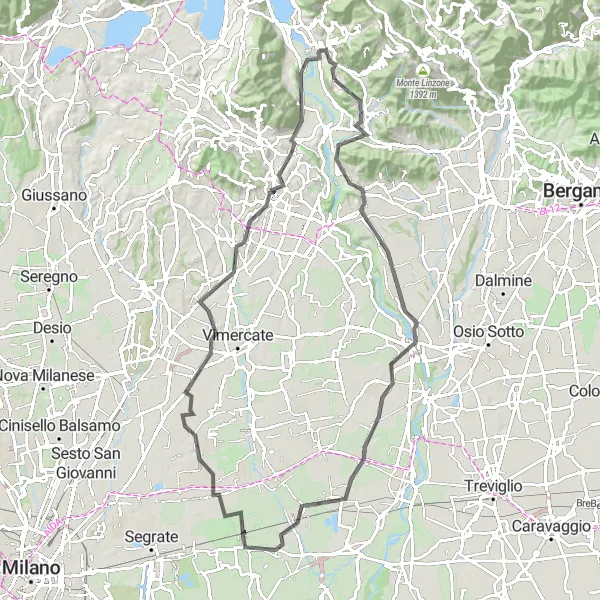 Karten-Miniaturansicht der Radinspiration "Rundtour von Monte Marenzo nach Merate" in Lombardia, Italy. Erstellt vom Tarmacs.app-Routenplaner für Radtouren