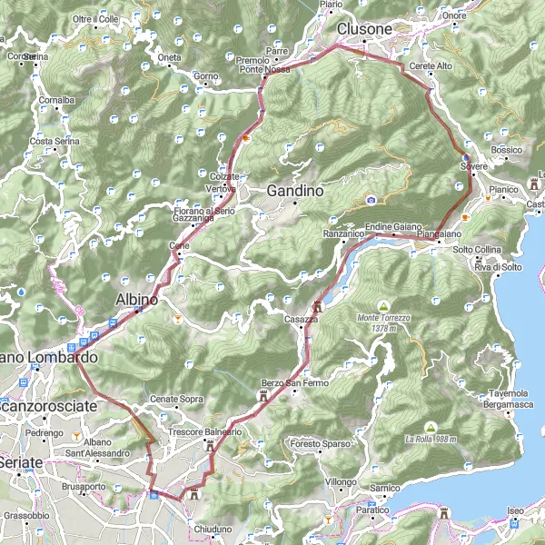 Miniatua del mapa de inspiración ciclista "Ruta de Grava a través de Montello" en Lombardia, Italy. Generado por Tarmacs.app planificador de rutas ciclistas