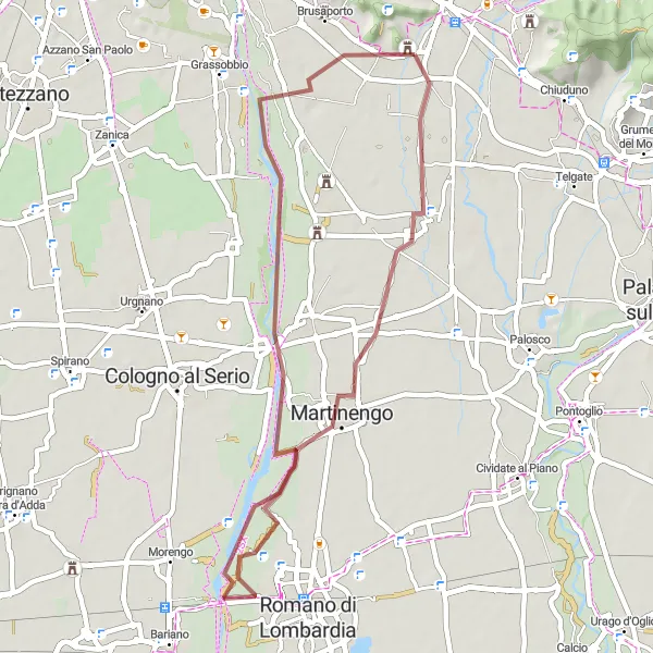 Miniatura della mappa di ispirazione al ciclismo "Giro in mountain bike da Montello a Bagnatica" nella regione di Lombardia, Italy. Generata da Tarmacs.app, pianificatore di rotte ciclistiche