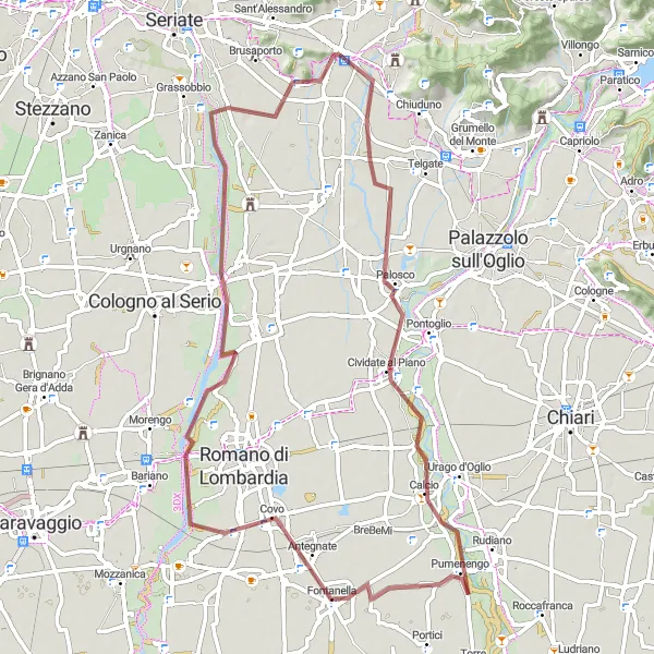 Miniatura della mappa di ispirazione al ciclismo "Giro in bicicletta da Montello a Carobbio degli Angeli" nella regione di Lombardia, Italy. Generata da Tarmacs.app, pianificatore di rotte ciclistiche