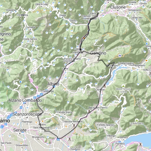 Miniatura della mappa di ispirazione al ciclismo "Passeggiata in bici da Montello a Gorlago" nella regione di Lombardia, Italy. Generata da Tarmacs.app, pianificatore di rotte ciclistiche