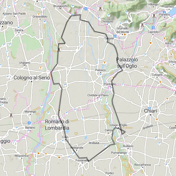 Miniatura della mappa di ispirazione al ciclismo "Giro panoramico tra le colline di Montello" nella regione di Lombardia, Italy. Generata da Tarmacs.app, pianificatore di rotte ciclistiche