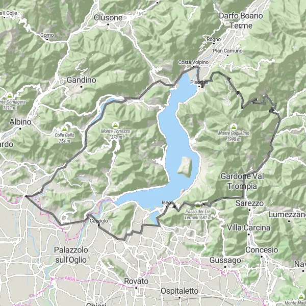 Miniatura della mappa di ispirazione al ciclismo "Sfida sulle montagne di Montello" nella regione di Lombardia, Italy. Generata da Tarmacs.app, pianificatore di rotte ciclistiche