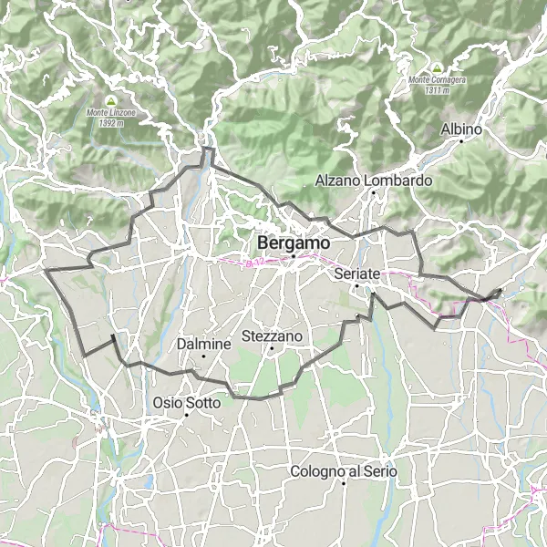 Miniatura della mappa di ispirazione al ciclismo "Pedalata panoramica tra Montello e la pianura" nella regione di Lombardia, Italy. Generata da Tarmacs.app, pianificatore di rotte ciclistiche
