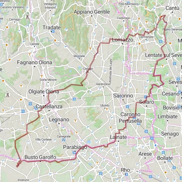 Map miniature of "Through Rural Landscapes: Montesolaro Gravel Ride" cycling inspiration in Lombardia, Italy. Generated by Tarmacs.app cycling route planner