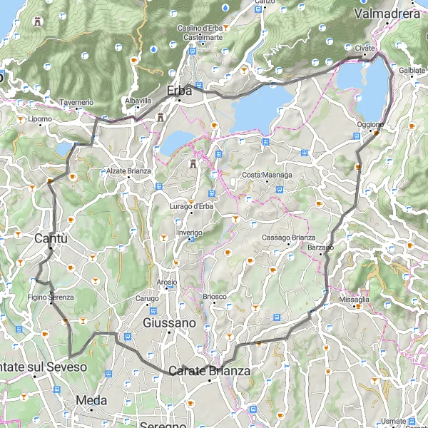 Mapa miniatúra "Okolo Lombardska: Výzva na 67 km cesty" cyklistická inšpirácia v Lombardia, Italy. Vygenerované cyklistickým plánovačom trás Tarmacs.app