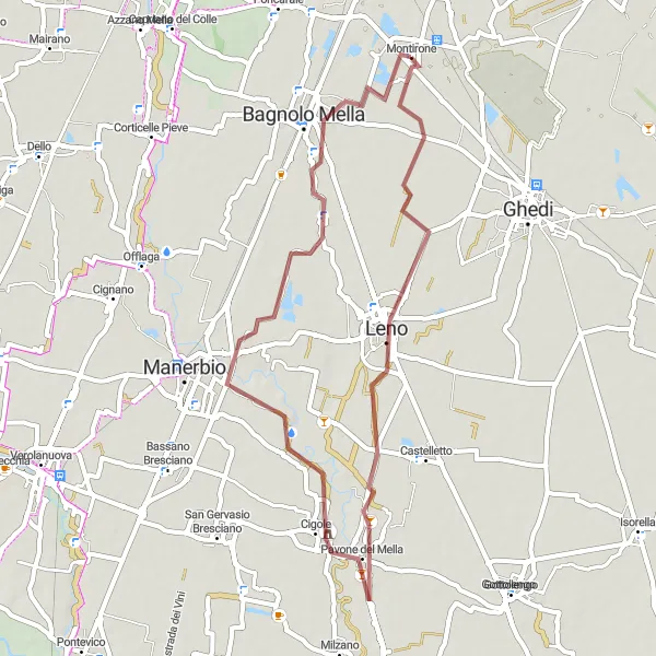 Mapa miniatúra "Gravel cyklotrasa z Montirone" cyklistická inšpirácia v Lombardia, Italy. Vygenerované cyklistickým plánovačom trás Tarmacs.app