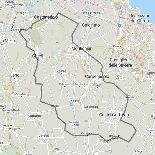 Mapa miniatúra "Zajímavý cestný okruh cez Montichiari a Ghedi" cyklistická inšpirácia v Lombardia, Italy. Vygenerované cyklistickým plánovačom trás Tarmacs.app