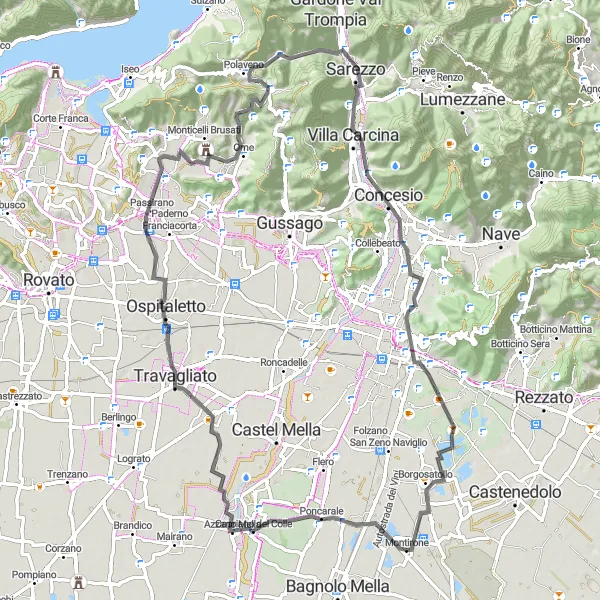 Miniatura della mappa di ispirazione al ciclismo "Tra gli antichi borghi della provincia di Brescia" nella regione di Lombardia, Italy. Generata da Tarmacs.app, pianificatore di rotte ciclistiche