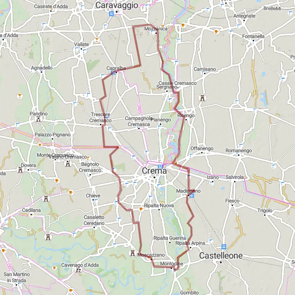 Miniatua del mapa de inspiración ciclista "Ruta de Grava en Montodine" en Lombardia, Italy. Generado por Tarmacs.app planificador de rutas ciclistas