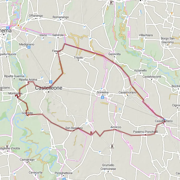 Mapa miniatúra "Gravelová cyklotrasa okolo Castelleone" cyklistická inšpirácia v Lombardia, Italy. Vygenerované cyklistickým plánovačom trás Tarmacs.app