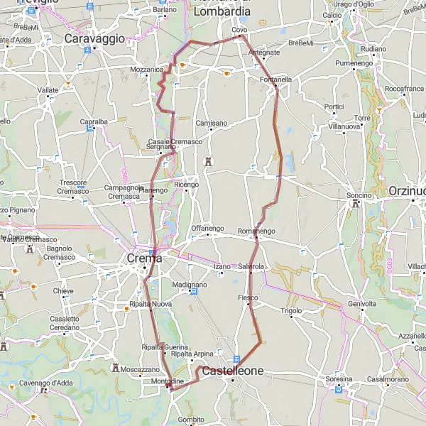 Zemljevid v pomanjšavi "Gravel Bike Adventure near Montodine" kolesarske inspiracije v Lombardia, Italy. Generirano z načrtovalcem kolesarskih poti Tarmacs.app