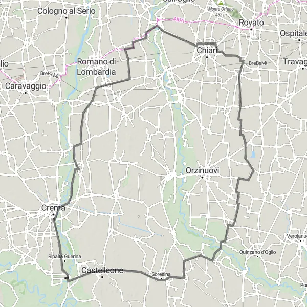 Mapa miniatúra "Cyklistická trasa okolo Montodine" cyklistická inšpirácia v Lombardia, Italy. Vygenerované cyklistickým plánovačom trás Tarmacs.app