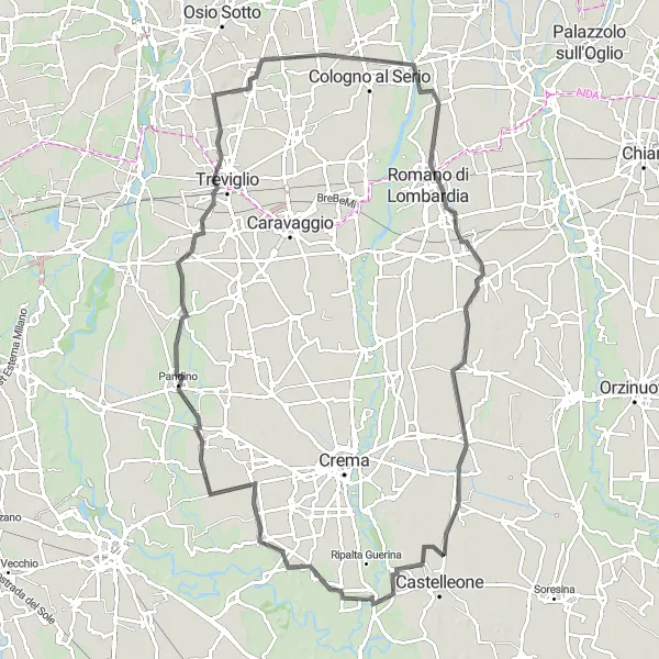 Miniatua del mapa de inspiración ciclista "Ruta por carretera desde Montodine" en Lombardia, Italy. Generado por Tarmacs.app planificador de rutas ciclistas