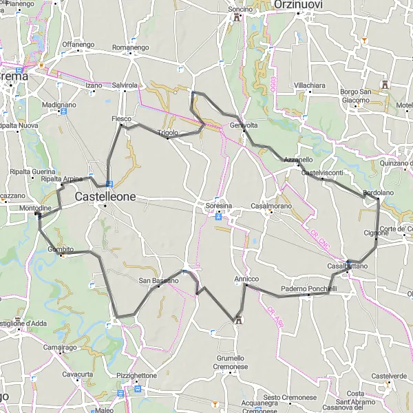 Mapa miniatúra "Cyklotrasa okolo Montodine a Genivolty" cyklistická inšpirácia v Lombardia, Italy. Vygenerované cyklistickým plánovačom trás Tarmacs.app