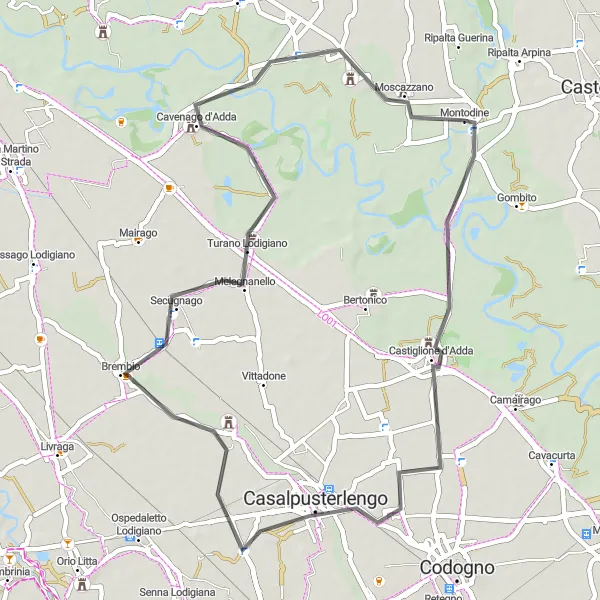 Mapa miniatúra "Cyklistická trasa cez okolie Montodine" cyklistická inšpirácia v Lombardia, Italy. Vygenerované cyklistickým plánovačom trás Tarmacs.app