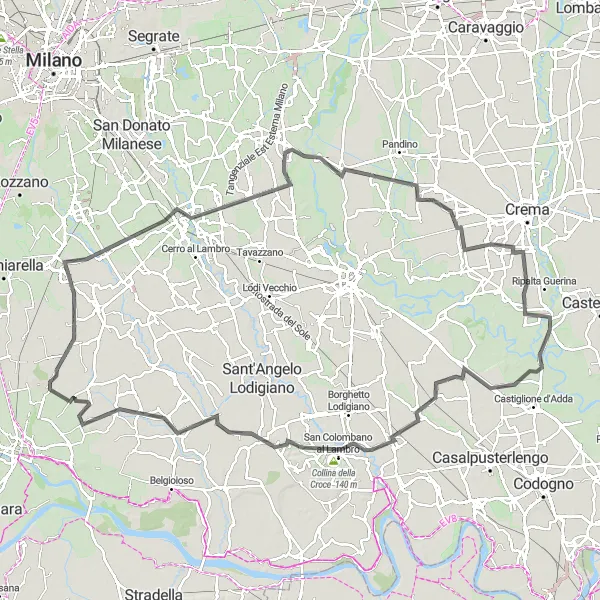 Miniatua del mapa de inspiración ciclista "Ruta en Carretera a Mulazzano y Moscazzano" en Lombardia, Italy. Generado por Tarmacs.app planificador de rutas ciclistas