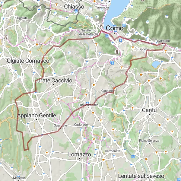 Miniatura della mappa di ispirazione al ciclismo "Avventura in bicicletta da Montorfano a Como attraverso sentieri sterrati" nella regione di Lombardia, Italy. Generata da Tarmacs.app, pianificatore di rotte ciclistiche