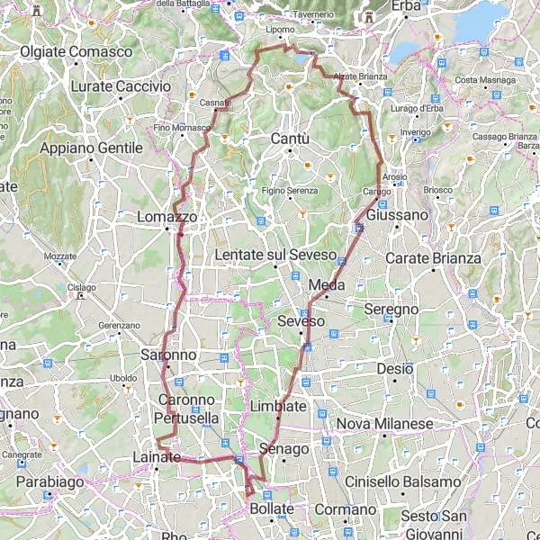 Miniatura della mappa di ispirazione al ciclismo "Giro in Gravel da Montorfano a Lipomo" nella regione di Lombardia, Italy. Generata da Tarmacs.app, pianificatore di rotte ciclistiche