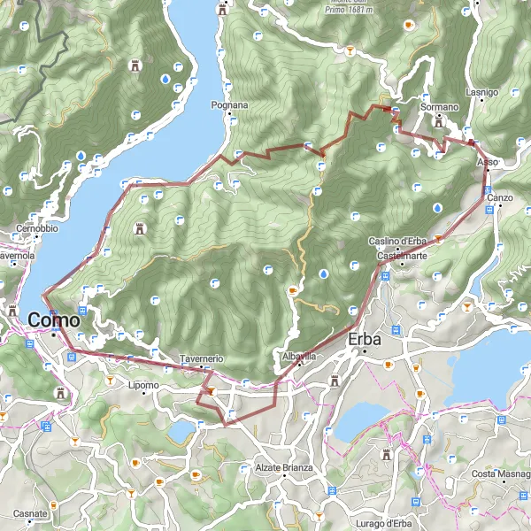 Miniatura della mappa di ispirazione al ciclismo "Ciclo-turismo da Como a Urago" nella regione di Lombardia, Italy. Generata da Tarmacs.app, pianificatore di rotte ciclistiche