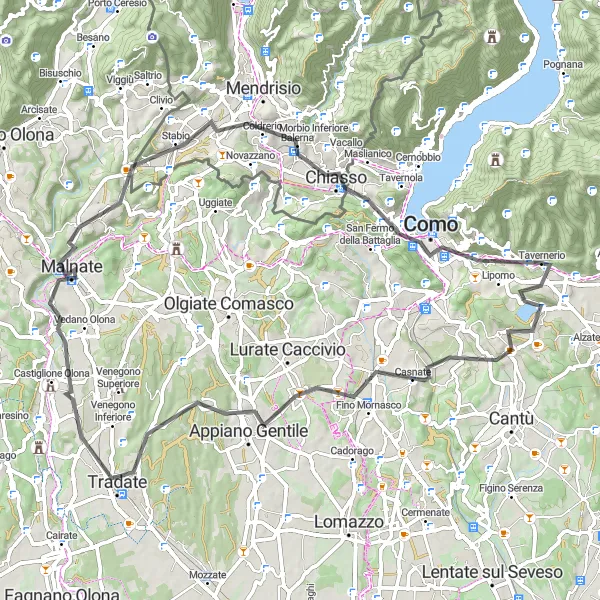 Miniatura della mappa di ispirazione al ciclismo "Giro in bicicletta da Montorfano a Como e ritorno" nella regione di Lombardia, Italy. Generata da Tarmacs.app, pianificatore di rotte ciclistiche