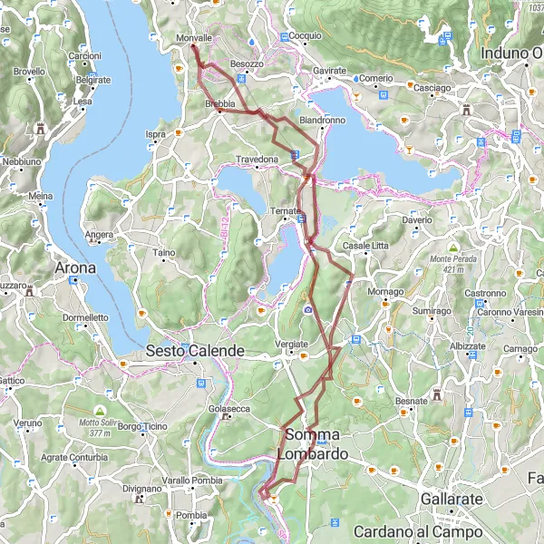 Zemljevid v pomanjšavi "Kolesarska pot okoli Monvalle (makadam)" kolesarske inspiracije v Lombardia, Italy. Generirano z načrtovalcem kolesarskih poti Tarmacs.app