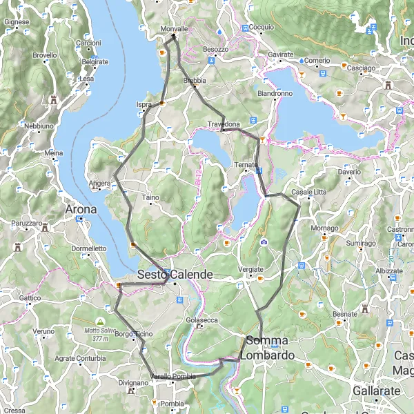 Miniatua del mapa de inspiración ciclista "Ruta de Monvalle a Ispra y regreso" en Lombardia, Italy. Generado por Tarmacs.app planificador de rutas ciclistas