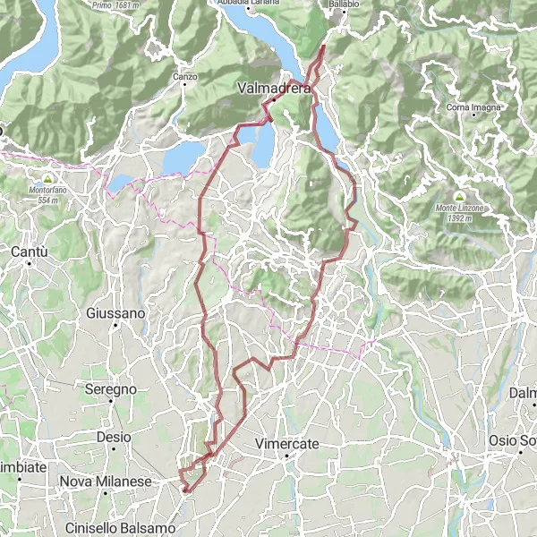 Miniaturní mapa "Gravelová dobrodružná cesta kolem břehů Monzy" inspirace pro cyklisty v oblasti Lombardia, Italy. Vytvořeno pomocí plánovače tras Tarmacs.app