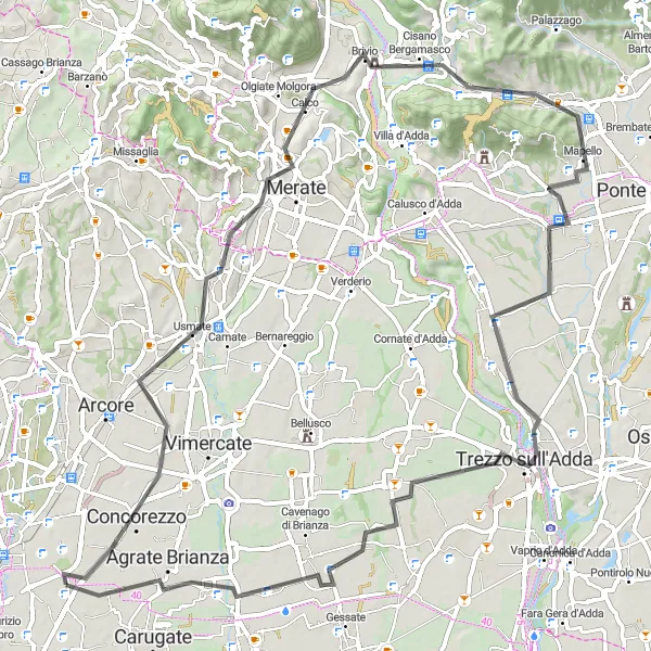 Map miniature of "Monza - Concorezzo - Brivio - Bottanuco - Caponago" cycling inspiration in Lombardia, Italy. Generated by Tarmacs.app cycling route planner