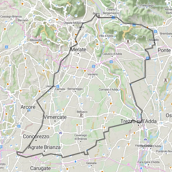 Miniatura della mappa di ispirazione al ciclismo "Giro dei Laghi Brianzoli" nella regione di Lombardia, Italy. Generata da Tarmacs.app, pianificatore di rotte ciclistiche