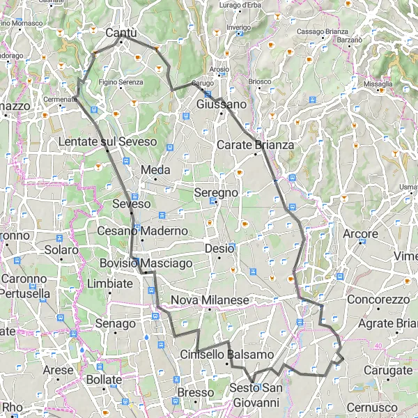 Map miniature of "Monza - Sesto San Giovanni - Belvedere - Cesano Maderno - Lentate sul Seveso - Cantù - Albiate - Collinetta di Vedano - Monza" cycling inspiration in Lombardia, Italy. Generated by Tarmacs.app cycling route planner