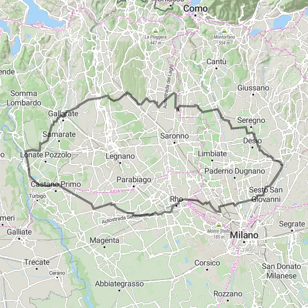 Map miniature of "The Monza Loop" cycling inspiration in Lombardia, Italy. Generated by Tarmacs.app cycling route planner