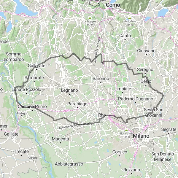 Miniatura della mappa di ispirazione al ciclismo "Giro panoramico in bicicletta da Monza a Gallarate" nella regione di Lombardia, Italy. Generata da Tarmacs.app, pianificatore di rotte ciclistiche