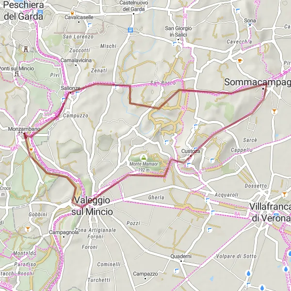 Miniatua del mapa de inspiración ciclista "Ruta de grava a Monzambano" en Lombardia, Italy. Generado por Tarmacs.app planificador de rutas ciclistas