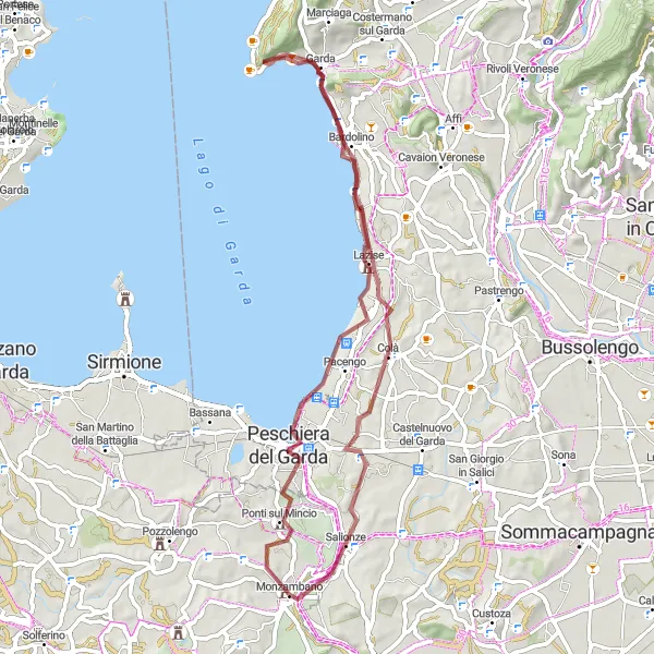 Miniatuurkaart van de fietsinspiratie "Avontuurlijke grindtocht van Monzambano naar Ponti sul Mincio" in Lombardia, Italy. Gemaakt door de Tarmacs.app fietsrouteplanner