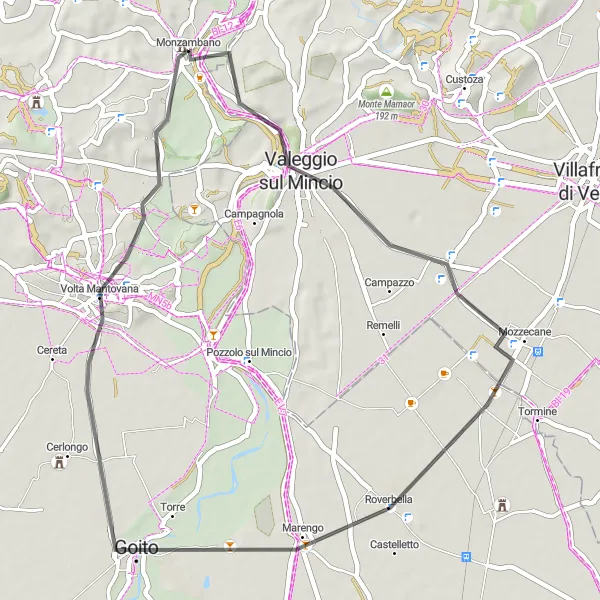 Map miniature of "Scenic Road Route through Mozzecane and Volta Mantovana" cycling inspiration in Lombardia, Italy. Generated by Tarmacs.app cycling route planner