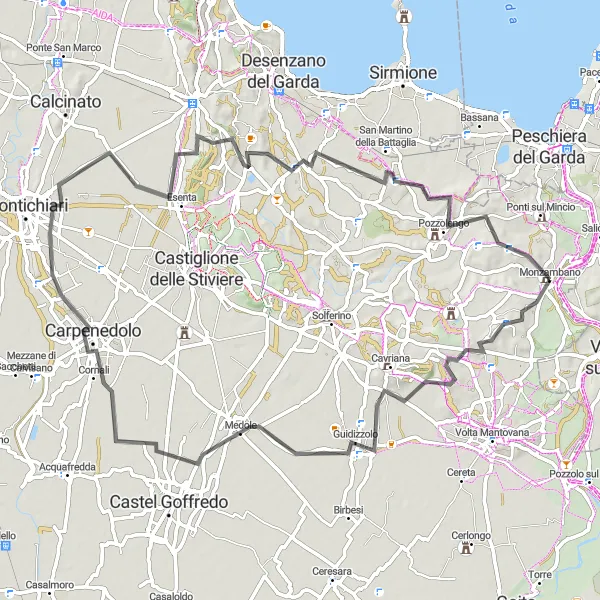 Map miniature of "Challenging Road Adventure through Carpenedolo and Monte Rotondo" cycling inspiration in Lombardia, Italy. Generated by Tarmacs.app cycling route planner