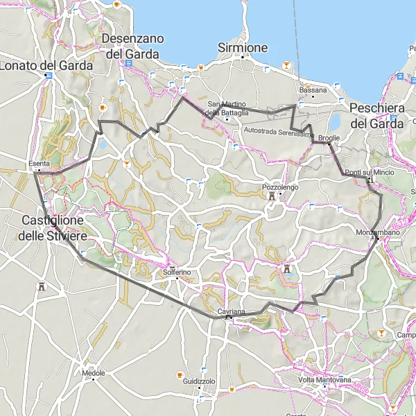 Zemljevid v pomanjšavi "Panoramska cestna pot od Monzambana do Monte Venzaghetta" kolesarske inspiracije v Lombardia, Italy. Generirano z načrtovalcem kolesarskih poti Tarmacs.app