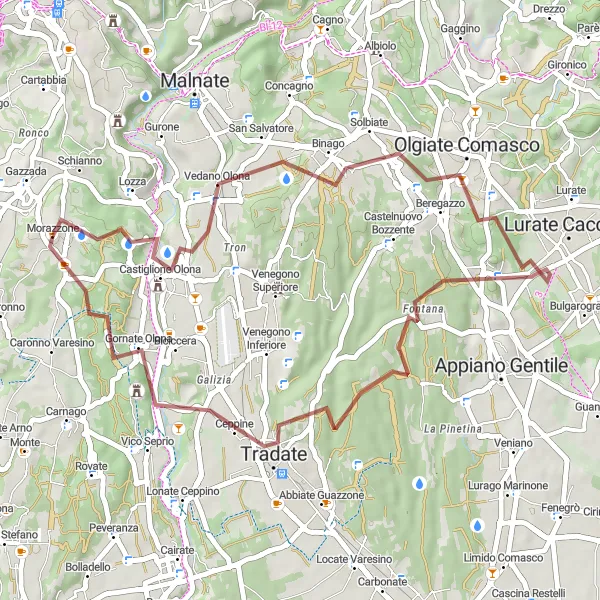 Miniaturní mapa "Gravel Elevation Adventure near Morazzone" inspirace pro cyklisty v oblasti Lombardia, Italy. Vytvořeno pomocí plánovače tras Tarmacs.app