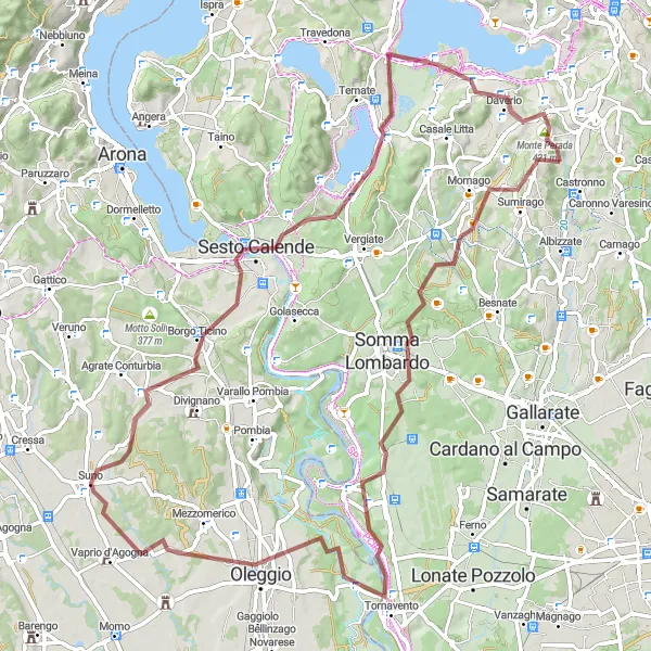 Zemljevid v pomanjšavi "Gravel Monte della Guardia Circuit" kolesarske inspiracije v Lombardia, Italy. Generirano z načrtovalcem kolesarskih poti Tarmacs.app