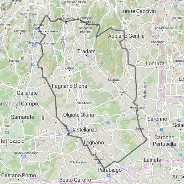 Karten-Miniaturansicht der Radinspiration "Rundtour von Morazzone über Castronno und Parabiago" in Lombardia, Italy. Erstellt vom Tarmacs.app-Routenplaner für Radtouren