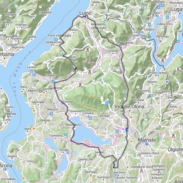 Miniatua del mapa de inspiración ciclista "Ruta por carretera alrededor de Morazzone" en Lombardia, Italy. Generado por Tarmacs.app planificador de rutas ciclistas