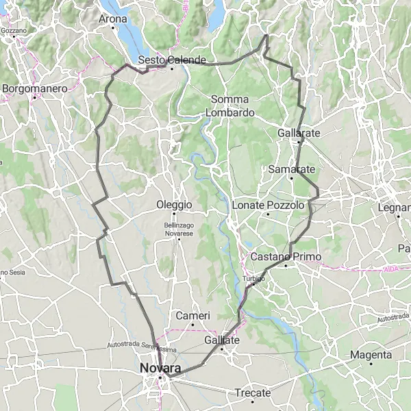 Miniaturní mapa "Jízda z Mornaga do Novara" inspirace pro cyklisty v oblasti Lombardia, Italy. Vytvořeno pomocí plánovače tras Tarmacs.app