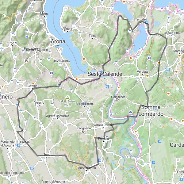 Karten-Miniaturansicht der Radinspiration "Kurvenreiche Straßentour um Somma Lombardo" in Lombardia, Italy. Erstellt vom Tarmacs.app-Routenplaner für Radtouren