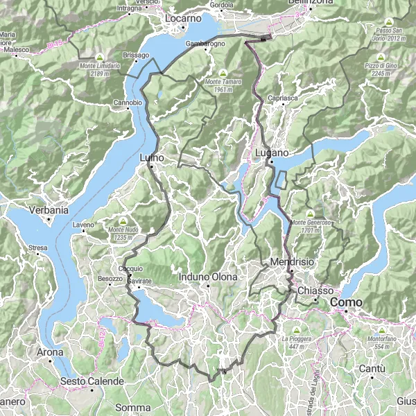 Miniature de la carte de l'inspiration cycliste "Tour du Lac Varese et Lugano" dans la Lombardia, Italy. Générée par le planificateur d'itinéraire cycliste Tarmacs.app