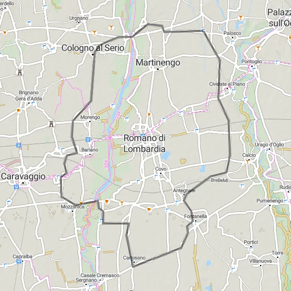 Mapa miniatúra "Okruh Antegnate - Masano - Cologno al Serio" cyklistická inšpirácia v Lombardia, Italy. Vygenerované cyklistickým plánovačom trás Tarmacs.app