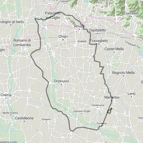 Karttaminiaatyyri "Lombardian Loop of Erbusco and Robecco d'Oglio" pyöräilyinspiraatiosta alueella Lombardia, Italy. Luotu Tarmacs.app pyöräilyreittisuunnittelijalla