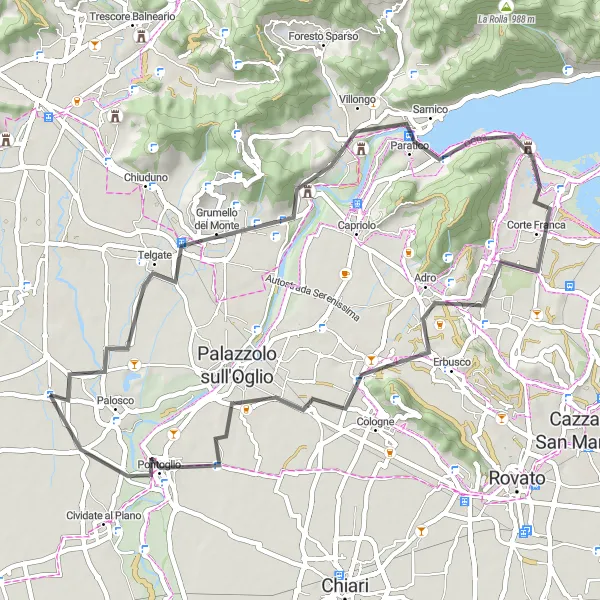 Map miniature of "The Adro Adventure" cycling inspiration in Lombardia, Italy. Generated by Tarmacs.app cycling route planner